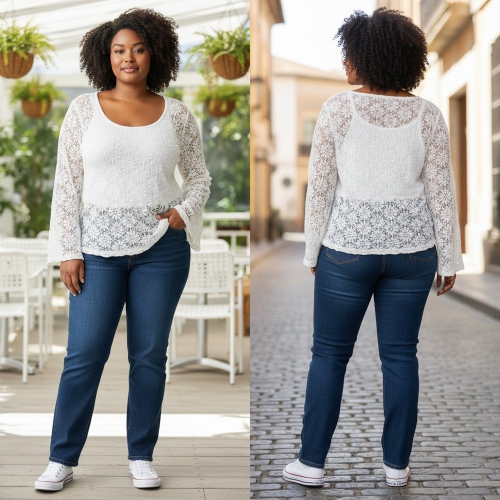 VTG YTK Old Navy Lace Top XXL White Long Sleeve Scoop Neck‎ Cottagecore Romantic